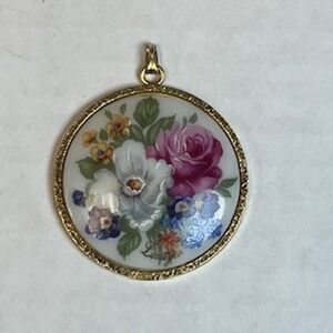 Vintage Limoges France Porcelain Floral Pendant Pink Rose Gold Tone Round Charm
